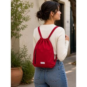 Red Backpack Cinch Bag Zip Pocket Canvas Travel Ethical Fair Trade MADE FREE NWT